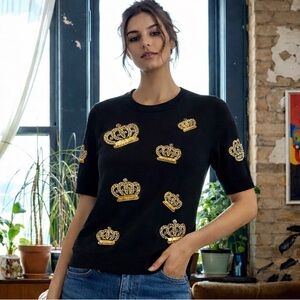 Alice + Olivia Black Crown Embellished Sweater | Size Small